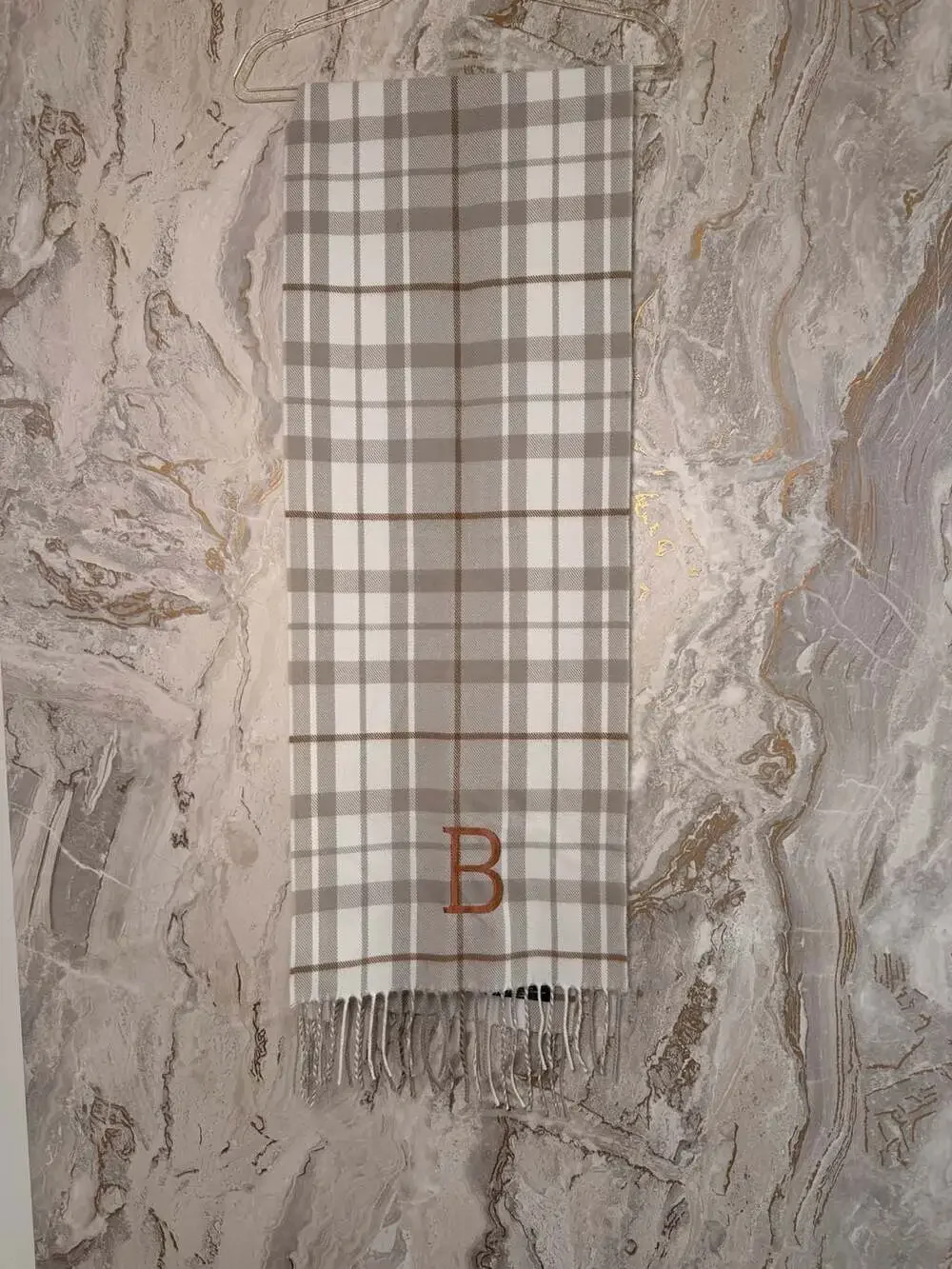D&Y Softer Than Cashmere Tan White Plaid Fringe Scarf Embroidered Letter B